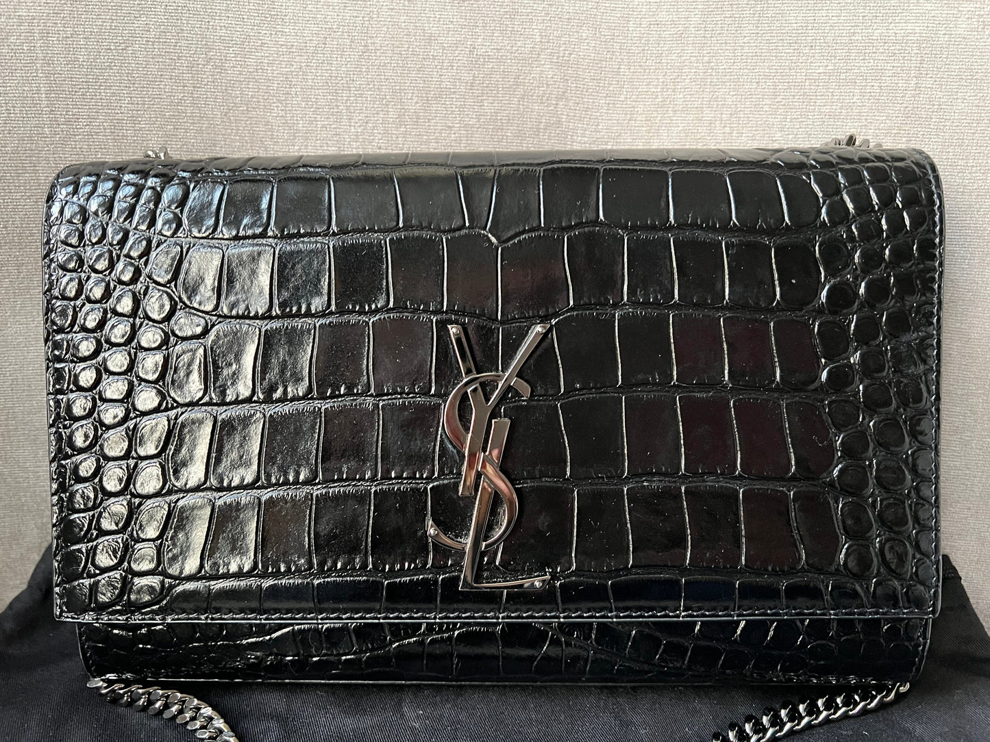 Yves Saint Laurent (YSL) Black Croc Medium Kate with Silver Hardware