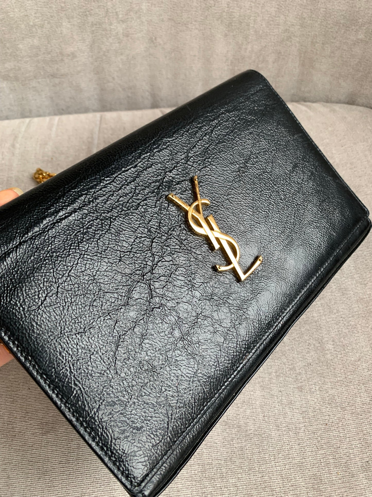 Yves Saint Laurent (YSL) Black Chain Wallet with Gold Hardware