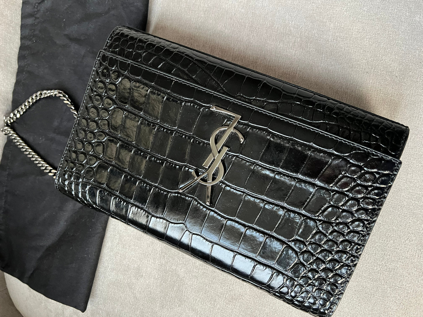 Yves Saint Laurent (YSL) Black Croc Medium Kate with Silver Hardware