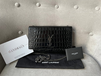 Yves Saint Laurent (YSL) Black Croc Medium Kate with Silver Hardware