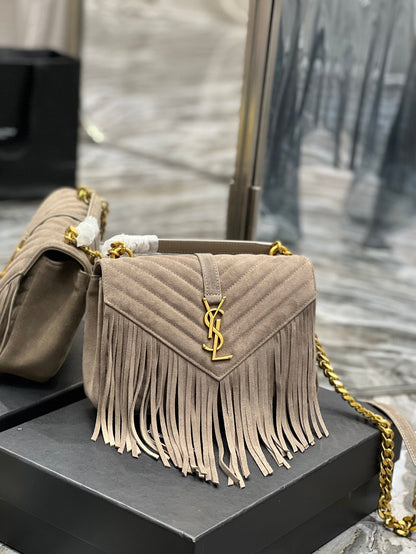 Yves Saint Laurent College Medium Chain Bag In Light Suede With Fringes