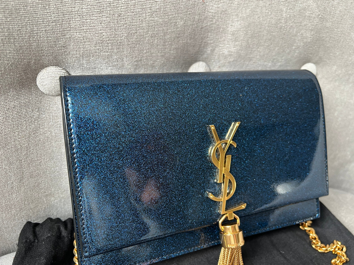 Yves Saint Laurent (YSL) Blue Patent Kate Chain Wallet Gold Hardware