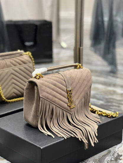 Yves Saint Laurent College Medium Chain Bag In Light Suede With Fringes