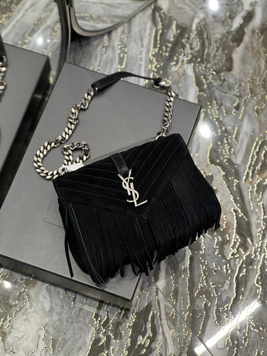 Yves Saint Laurent College Medium Chain Bag In Light Suede With Fringes