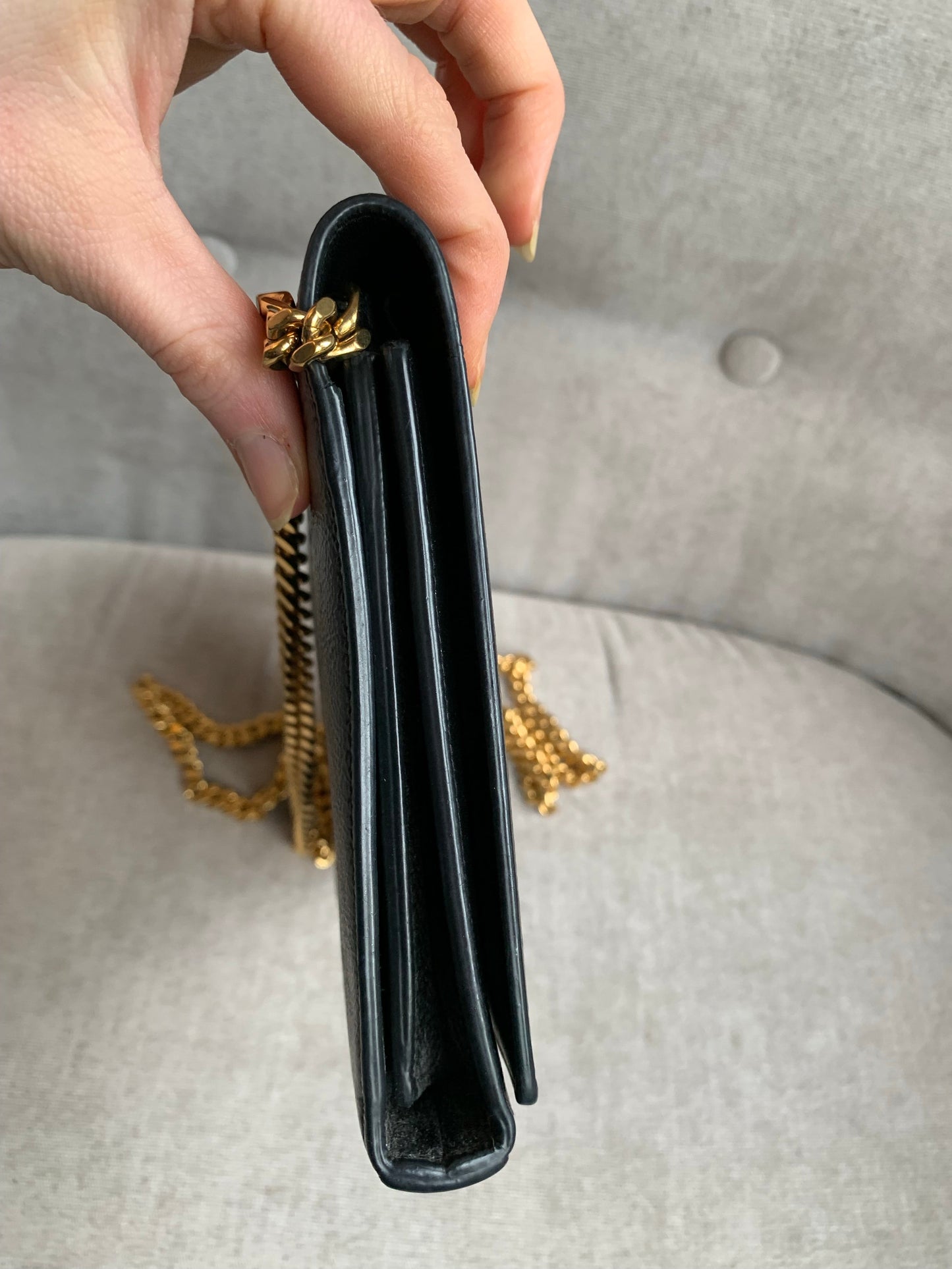 Yves Saint Laurent (YSL) Black Chain Wallet with Gold Hardware