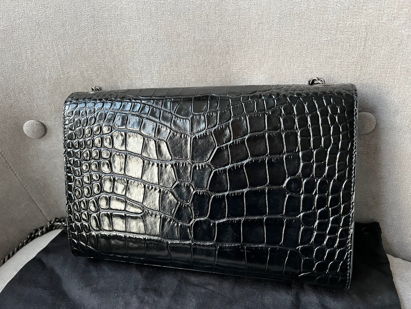 Yves Saint Laurent (YSL) Black Croc Medium Kate with Silver Hardware