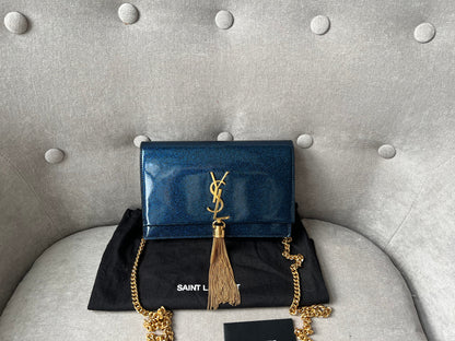 Yves Saint Laurent (YSL) Blue Patent Kate Chain Wallet Gold Hardware