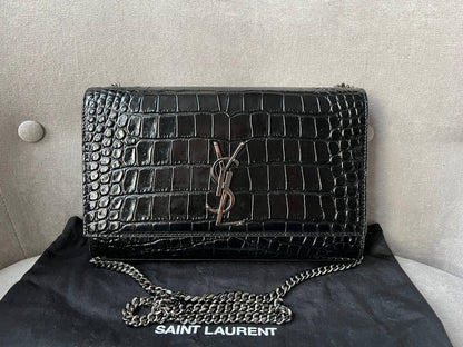 Yves Saint Laurent (YSL) Black Croc Medium Kate with Silver Hardware