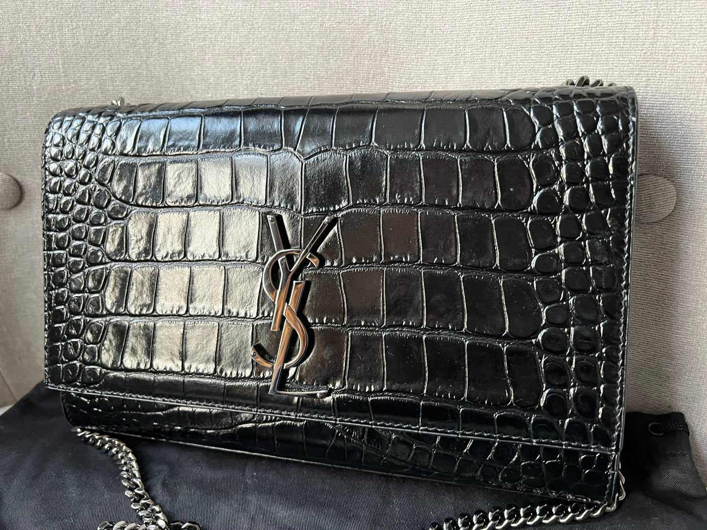 Yves Saint Laurent (YSL) Black Croc Medium Kate with Silver Hardware