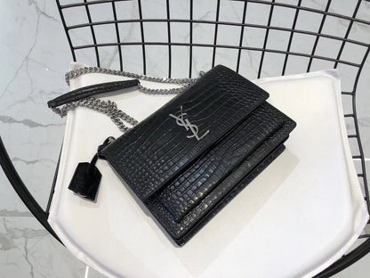 Yves Saint Laurent Medium Sunset In Crocodile Embossed Shiny Leather Bag