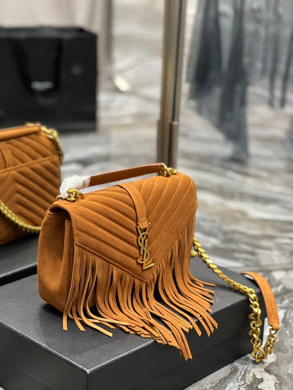 Yves Saint Laurent College Medium Chain Bag In Light Suede With Fringes