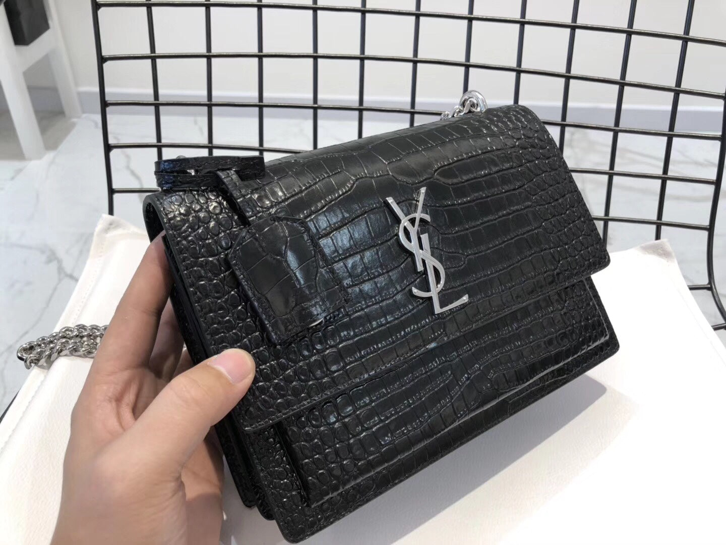 Yves Saint Laurent Medium Sunset In Crocodile Embossed Shiny Leather Bag