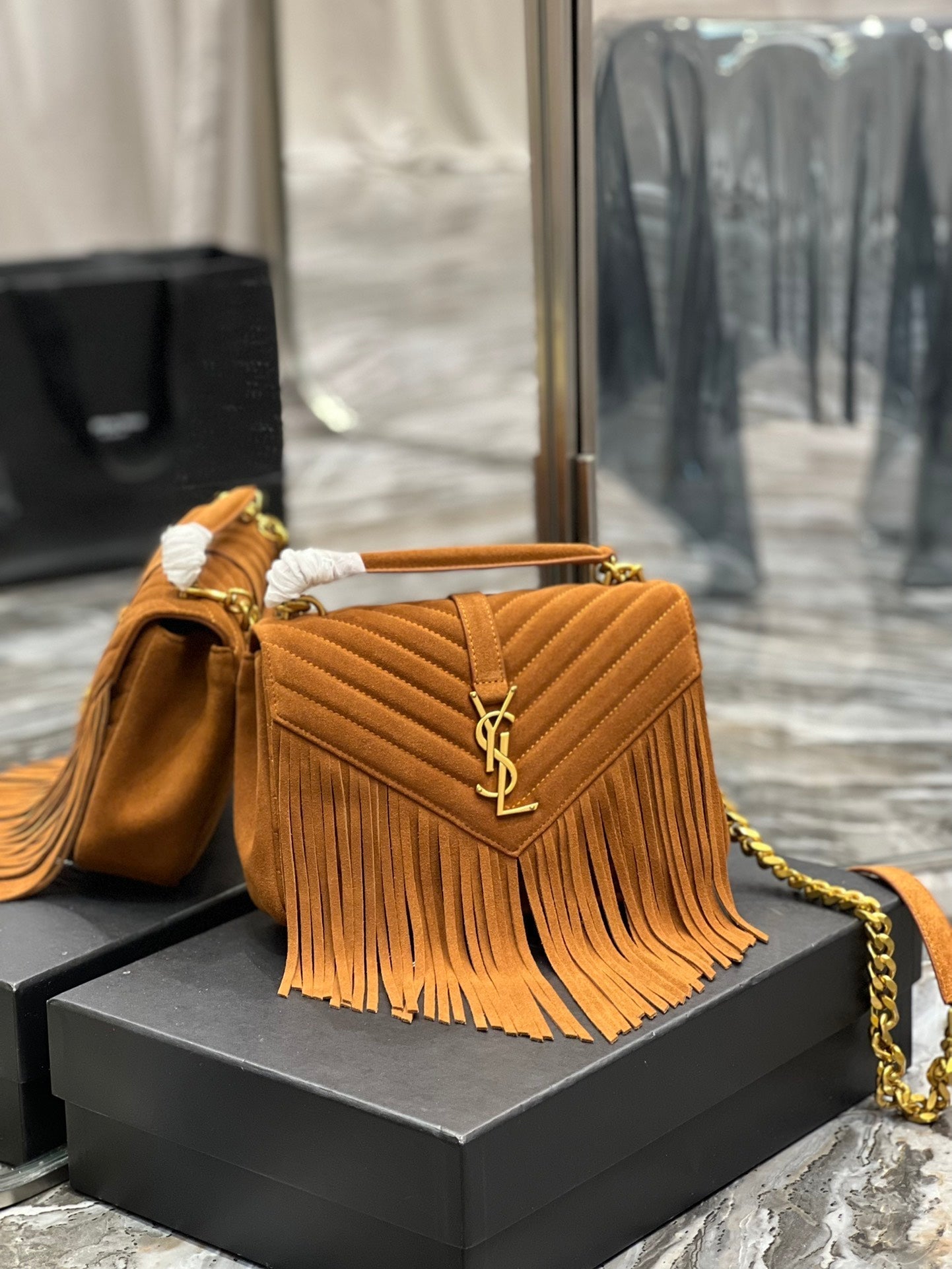 Yves Saint Laurent College Medium Chain Bag In Light Suede With Fringes