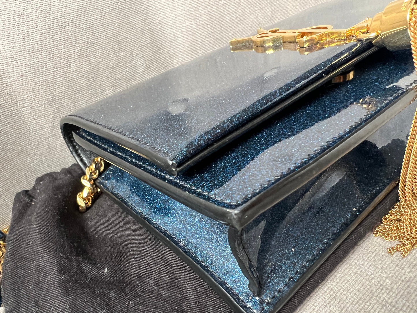 Yves Saint Laurent (YSL) Blue Patent Kate Chain Wallet Gold Hardware