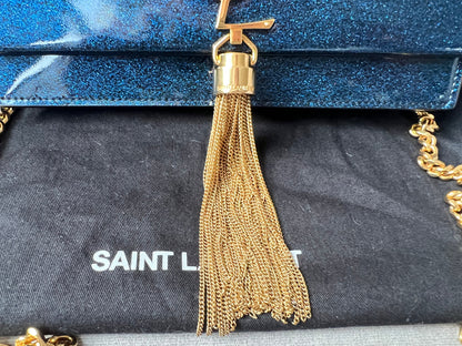 Yves Saint Laurent (YSL) Blue Patent Kate Chain Wallet Gold Hardware