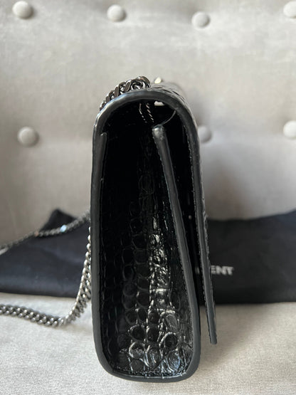 Yves Saint Laurent (YSL) Black Croc Medium Kate with Silver Hardware