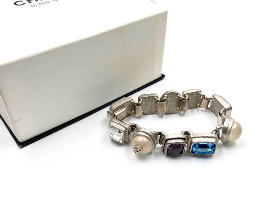 CHANEL Vintage Rare Rustic Silver Gem Stone Pearl CC Bracelet