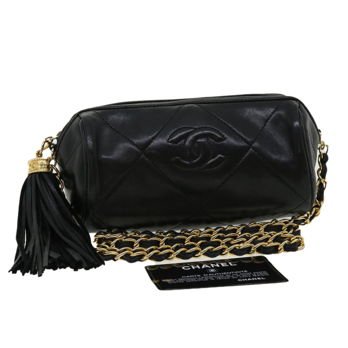 CHANEL COCO Mark FringeChain Shoulder Bag Lamb Skin Black CC   knn088