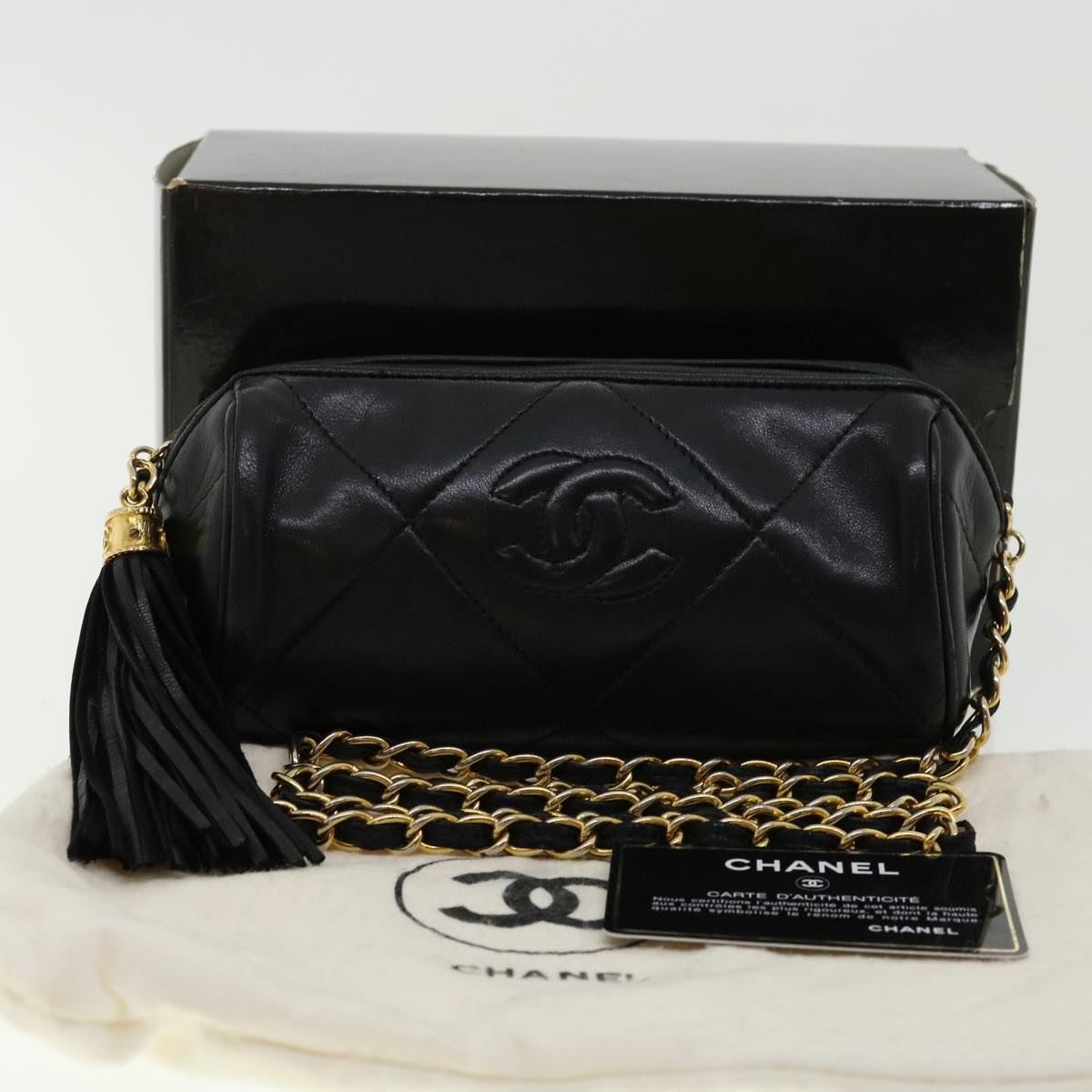 CHANEL COCO Mark FringeChain Shoulder Bag Lamb Skin Black CC   knn088