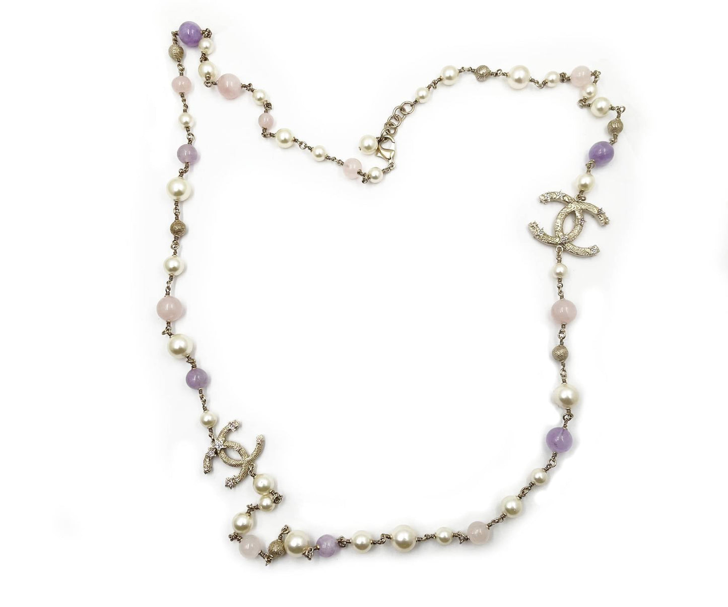 CHANEL Light Gold CC Starfish Lavender Stone Pearl Necklace