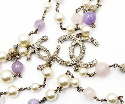 CHANEL Light Gold CC Starfish Lavender Stone Pearl Necklace