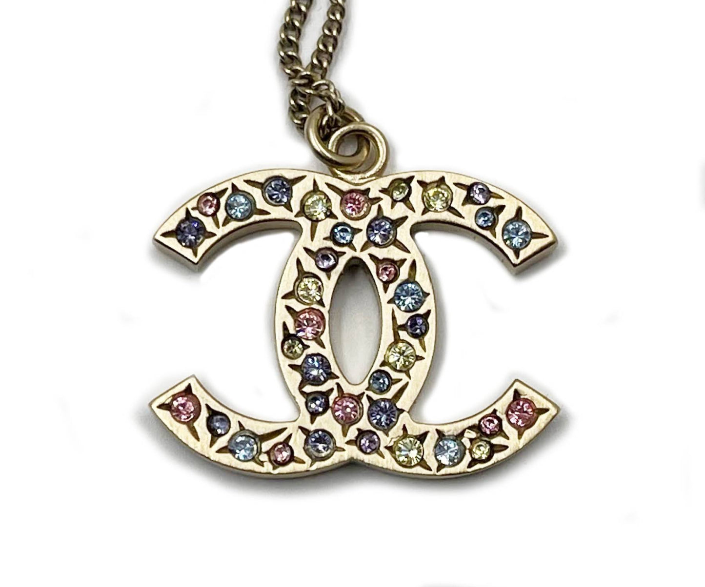 CHANEL Light Gold CC Pastel Crystal Medium Pendant Necklace