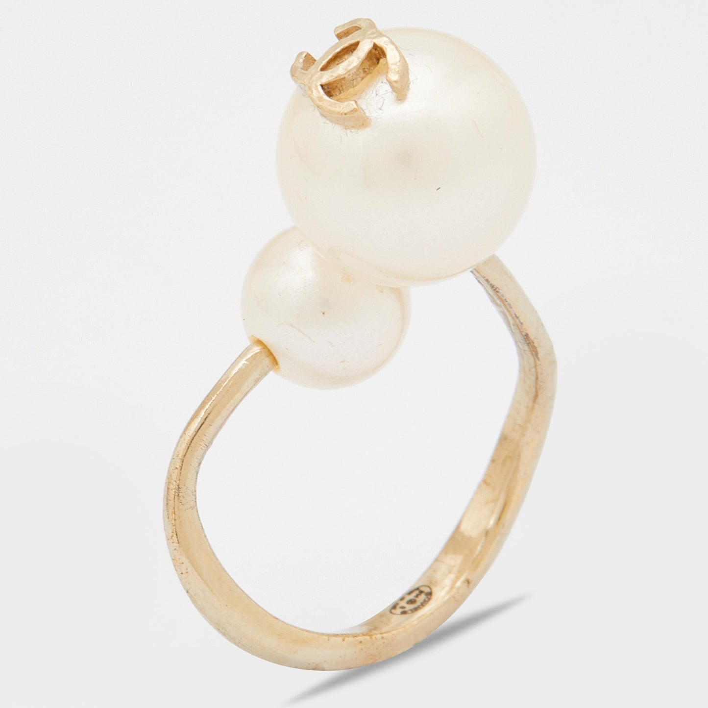 CHANEL CC Spiral Faux Pearl Gold Tone Ring Size 47