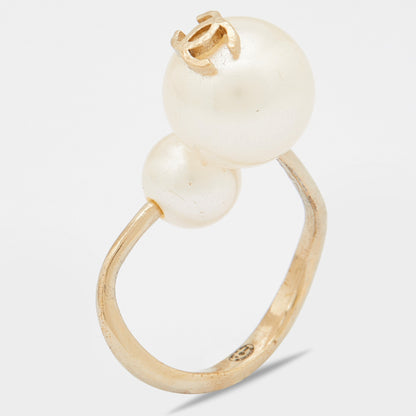 CHANEL CC Spiral Faux Pearl Gold Tone Ring Size 47