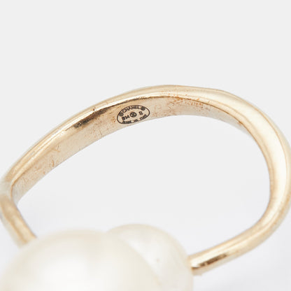 CHANEL CC Spiral Faux Pearl Gold Tone Ring Size 47