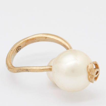 CHANEL CC Spiral Faux Pearl Gold Tone Ring Size 47