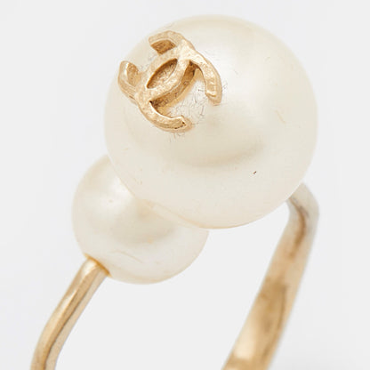 CHANEL CC Spiral Faux Pearl Gold Tone Ring Size 47