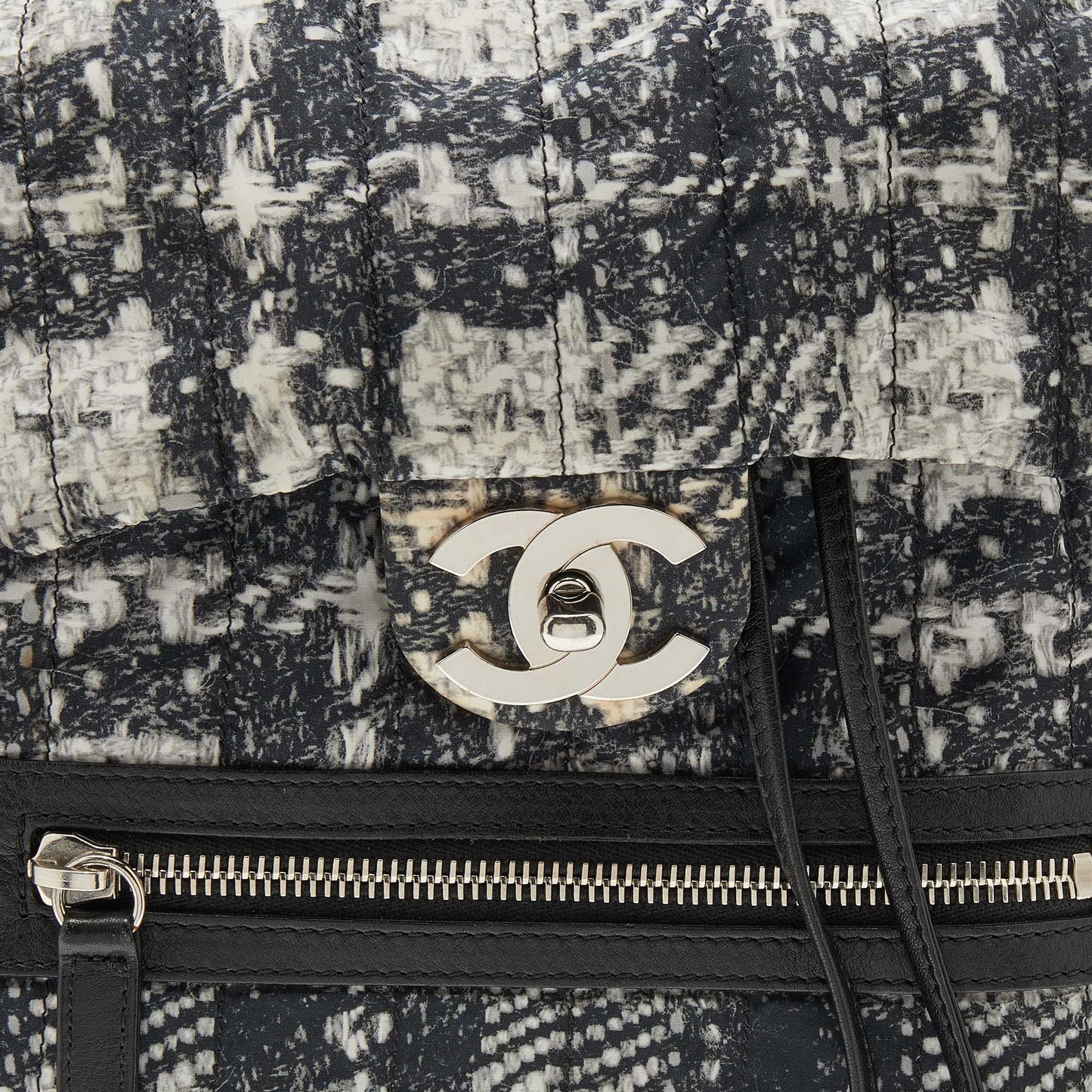 Chanel White/Black Tweed Print Nylon Medium Drawstring Backpack