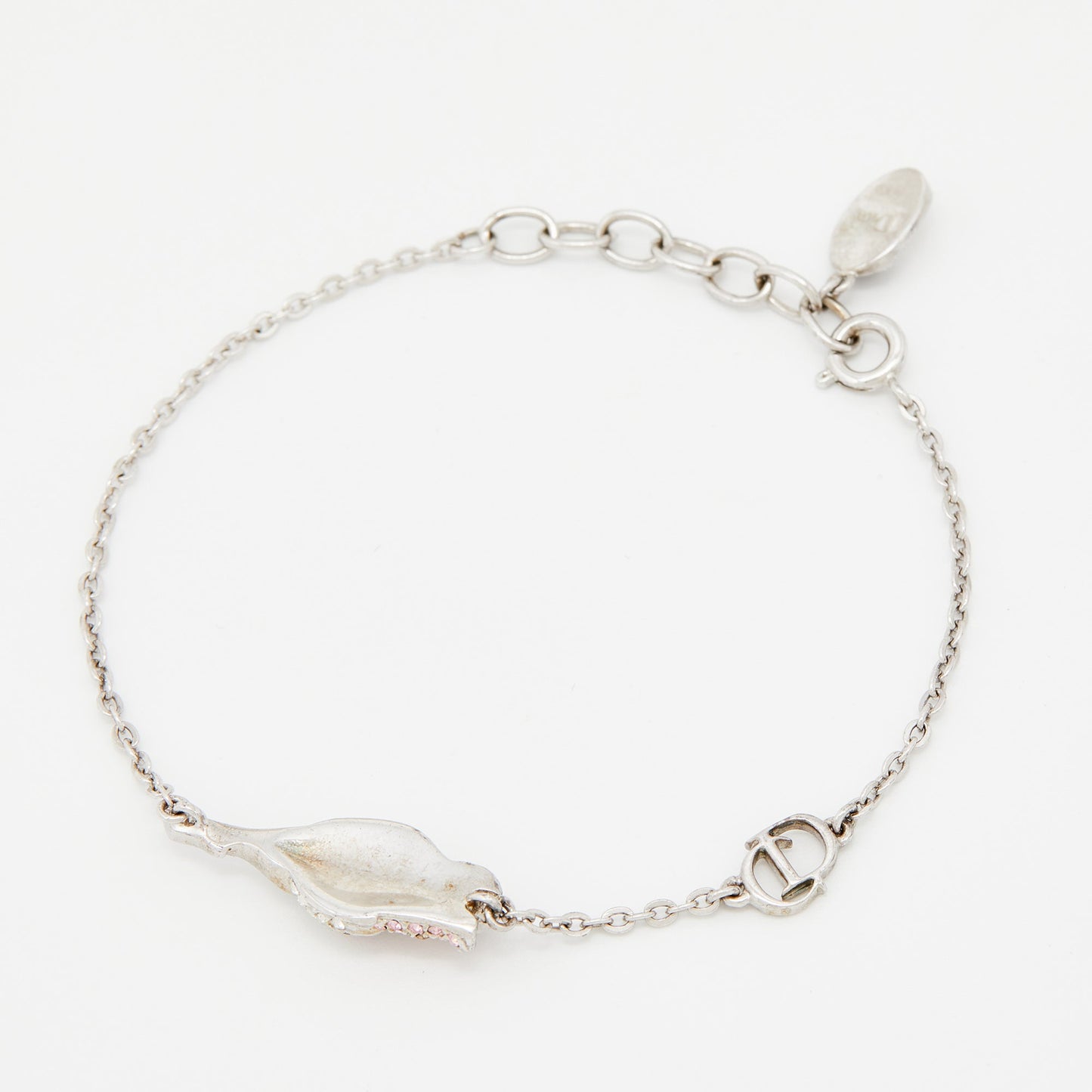 DIOR Silver Tone Crystal Studded Rose Chain Necklace