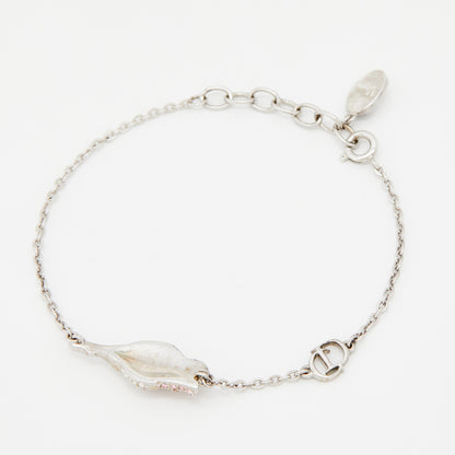 DIOR Silver Tone Crystal Studded Rose Chain Necklace