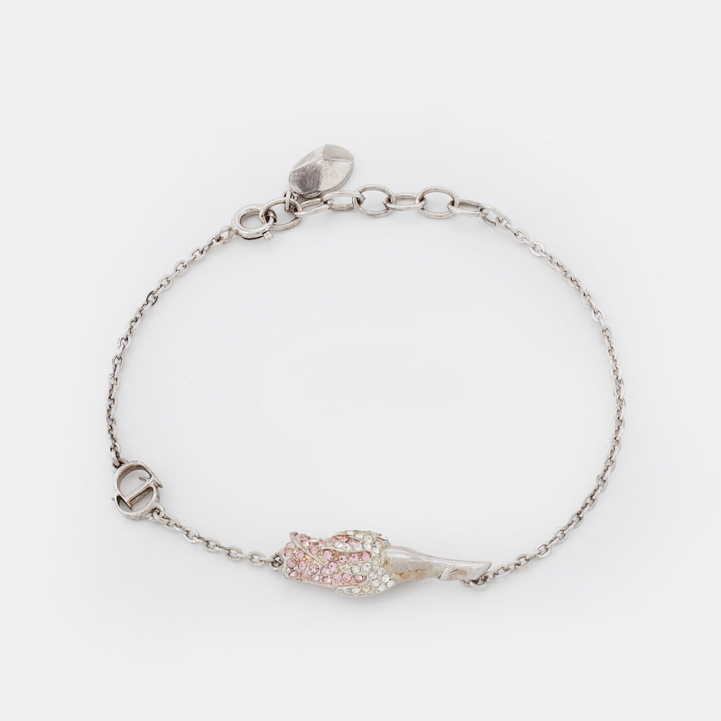 DIOR Silver Tone Crystal Studded Rose Chain Necklace