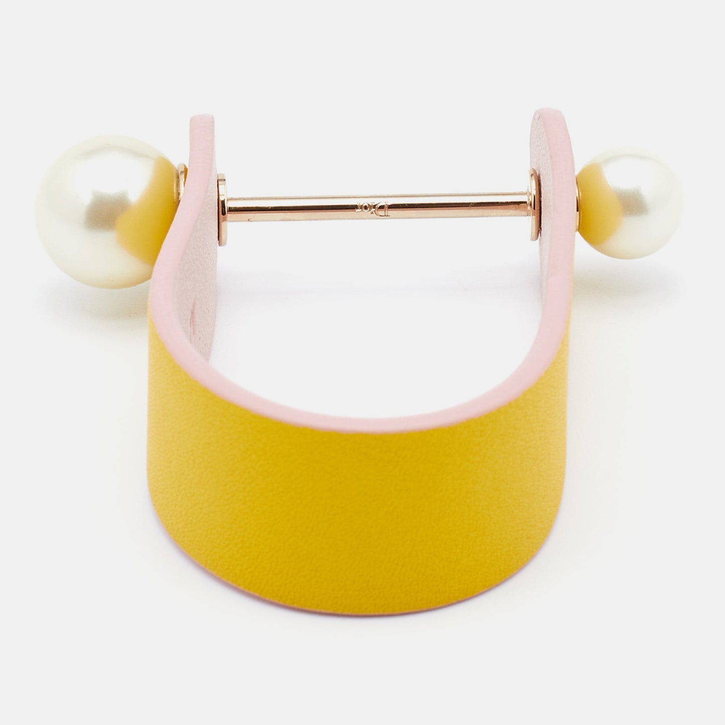 DIOR Yellow Leather & Faux Pearl Perle Cuff Bracelet M