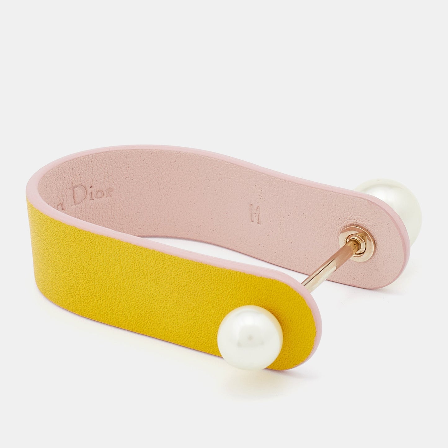 DIOR Yellow Leather & Faux Pearl Perle Cuff Bracelet M