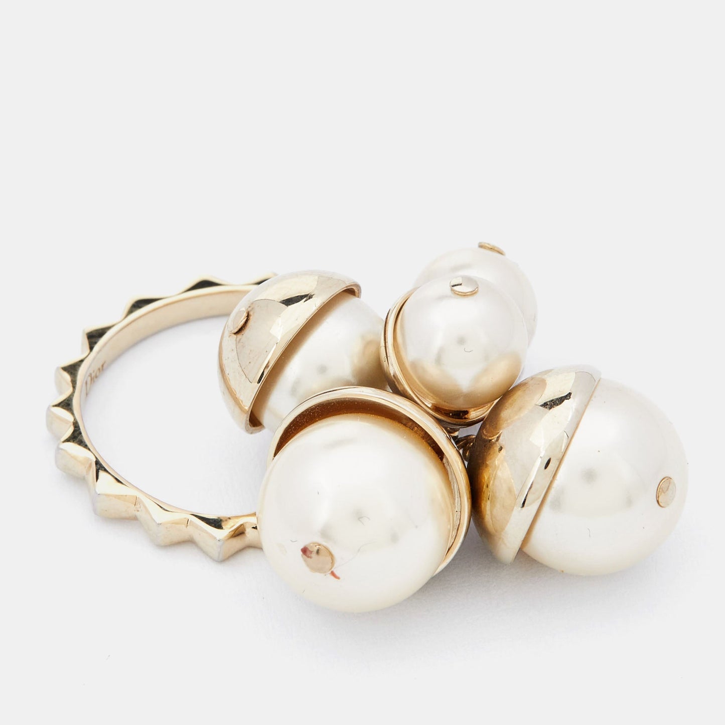 DIOR Gold Tone Faux Pearl Charm Ring Size 56