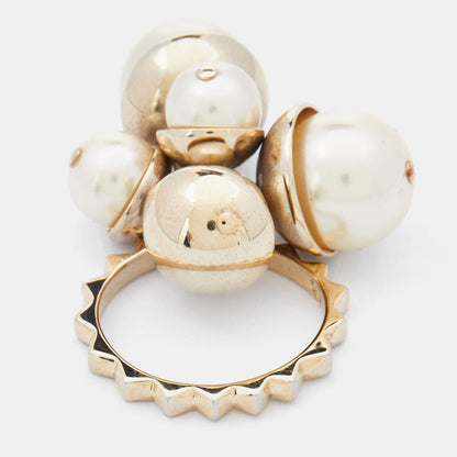 DIOR Gold Tone Faux Pearl Charm Ring Size 56