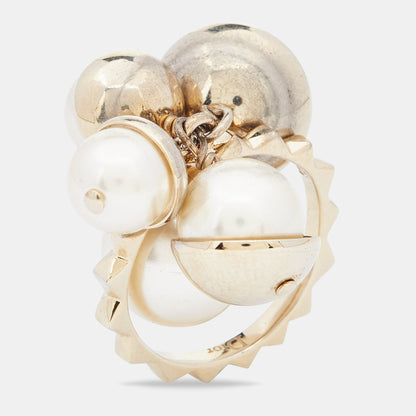 DIOR Gold Tone Faux Pearl Charm Ring Size 56