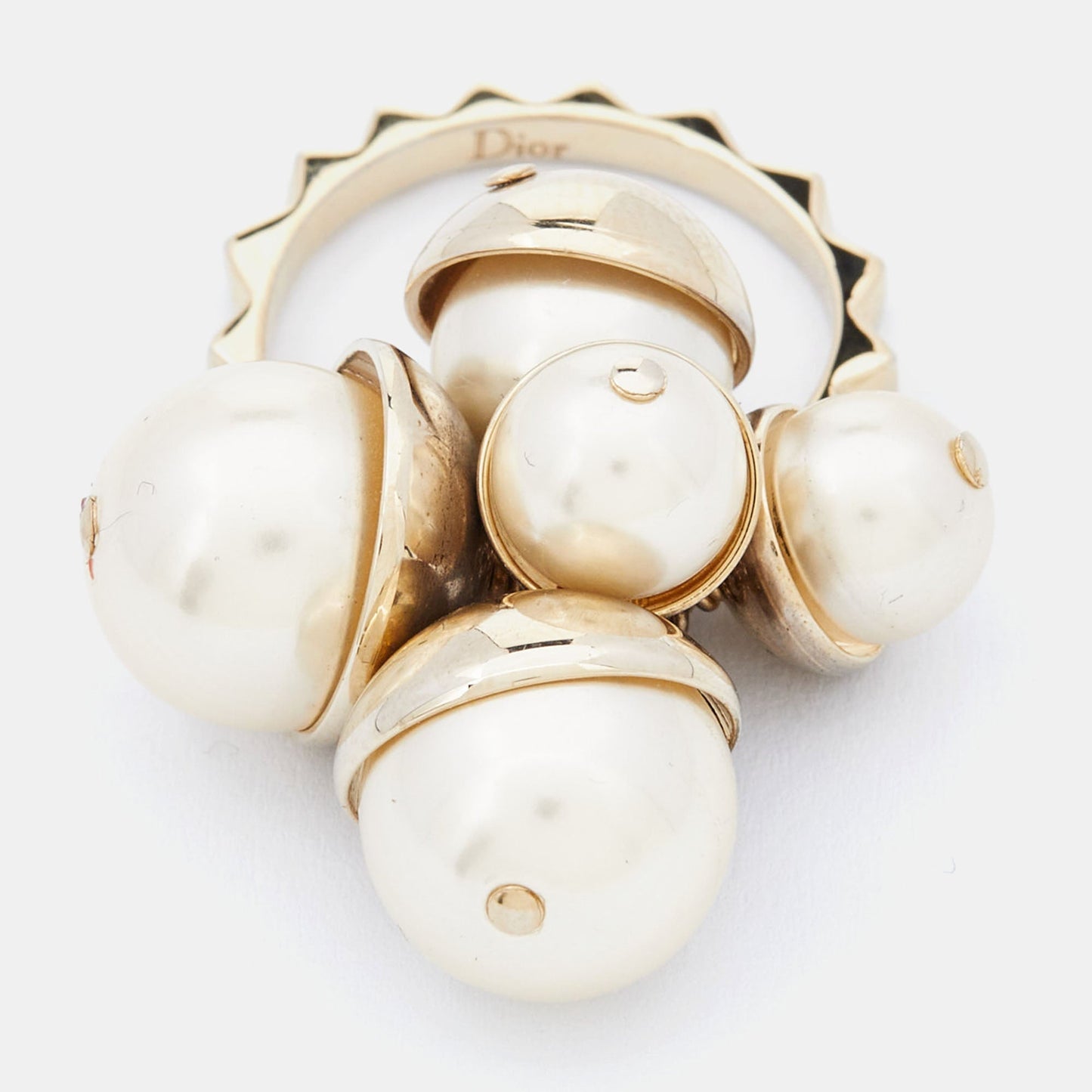 DIOR Gold Tone Faux Pearl Charm Ring Size 56