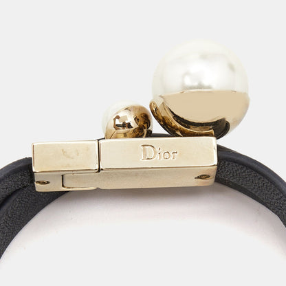 DIOR Mise En  Leather Faux Pearl Gold Tone Double Wrap Bracelet