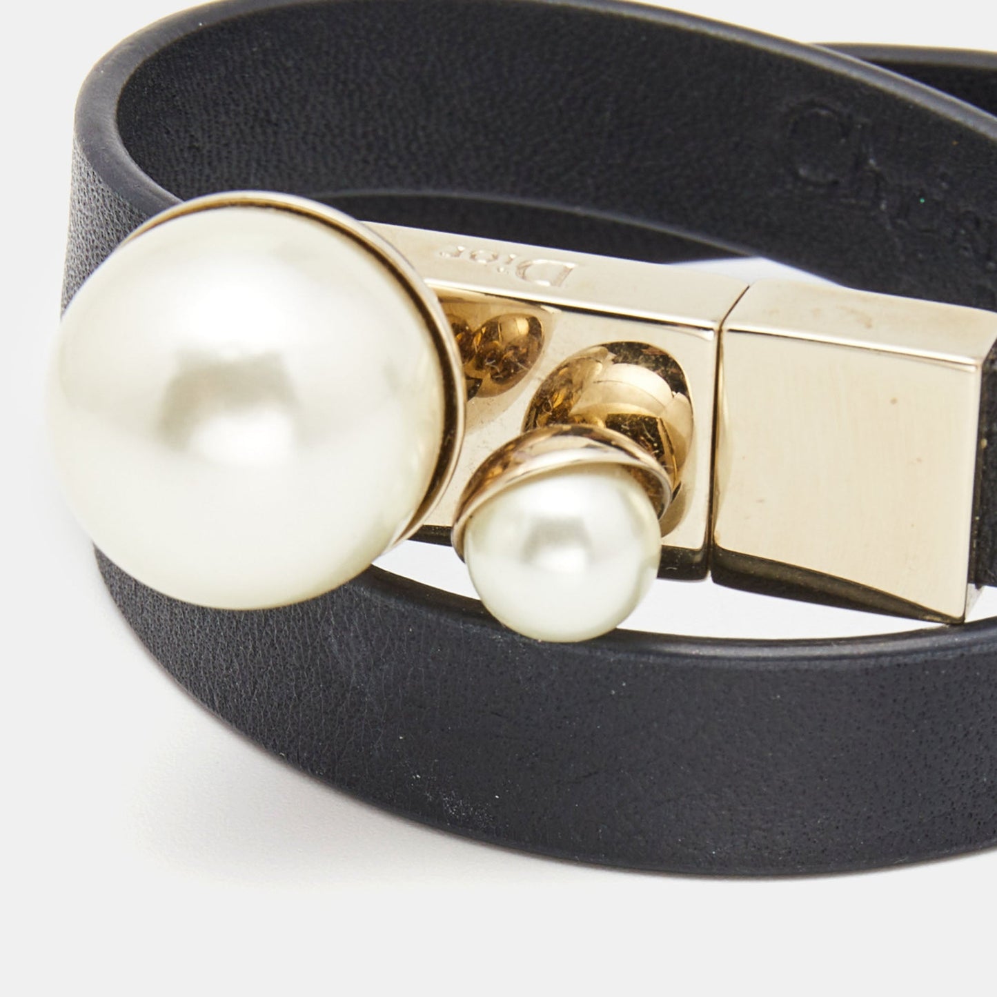 DIOR Mise En  Leather Faux Pearl Gold Tone Double Wrap Bracelet