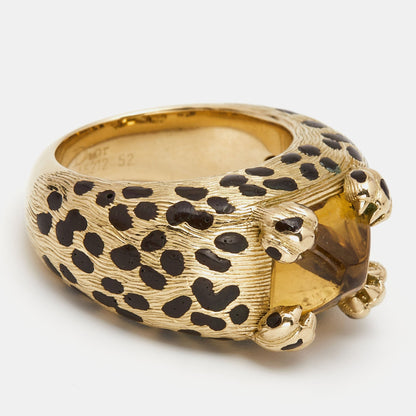 DIOR Leopard Citrine Lacquer 18k Yellow Gold Ring Size 52