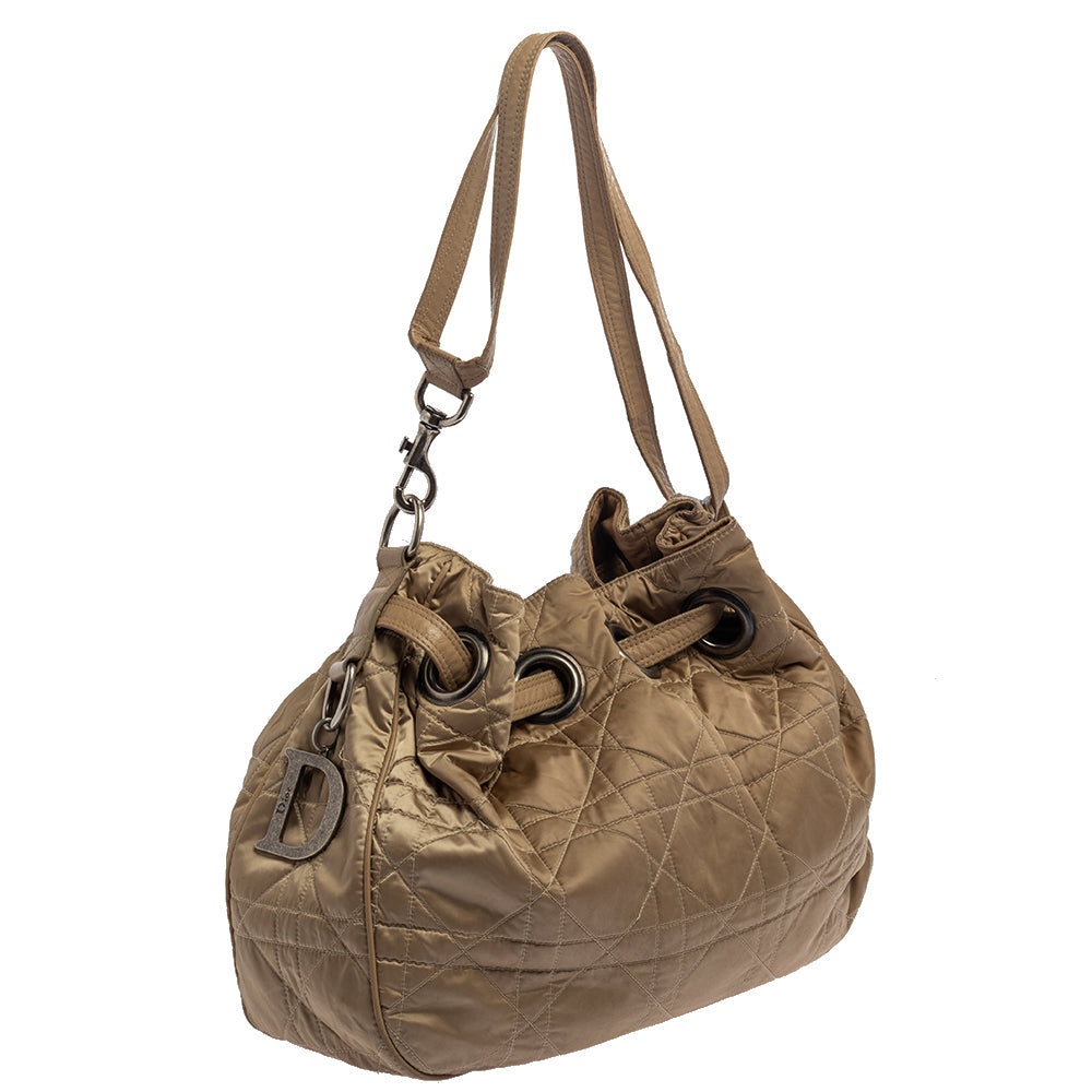 DIOR Beige Cannage Nylon and Leather Drawstring Shoulder Bag