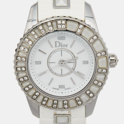 DIOR White Stainless Steel Rubber Diamonds Christal CD112113R001 Women's Wristwatch 28 mm