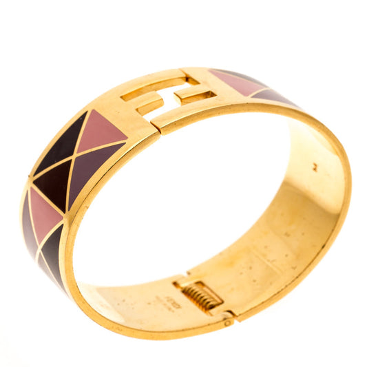 Fendi The Fendista Multicolor Geometric Enamel Gold Tone Wide Bracelet M