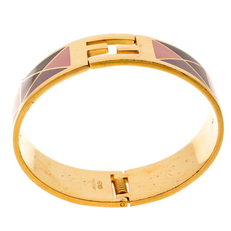 Fendi The Fendista Multicolor Geometric Enamel Gold Tone Wide Bracelet M