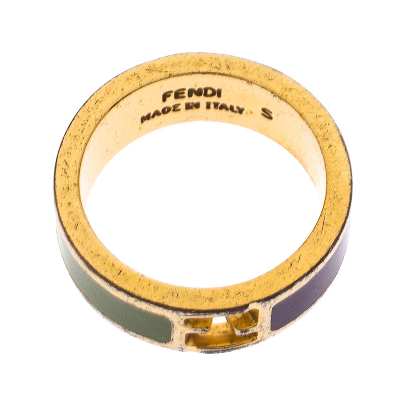 Fendi The Fendista Bicolor Enamel Gold Tone Band Ring Size EU 51