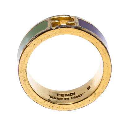 Fendi The Fendista Bicolor Enamel Gold Tone Band Ring Size EU 51